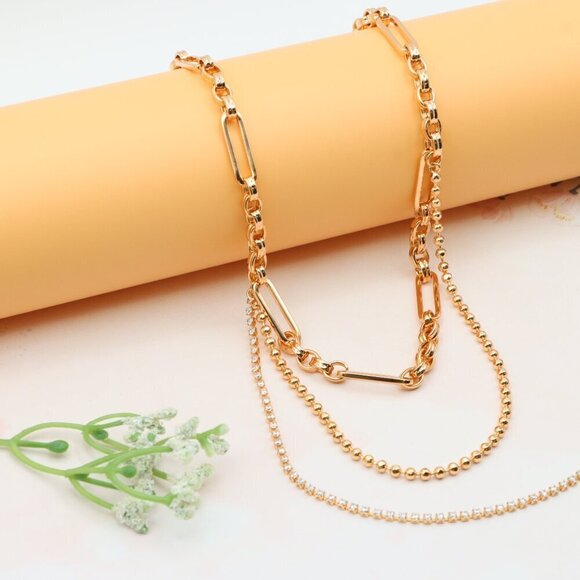 Chunky Link Rose Gold Necklace with Triple Layered Modern Design, XPNL0262 - Picture 1 of 12